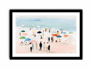 Impressionist beach scene with colorful umbrellas, people strolling on pale sand and calm turquoise ocean for living room decor.