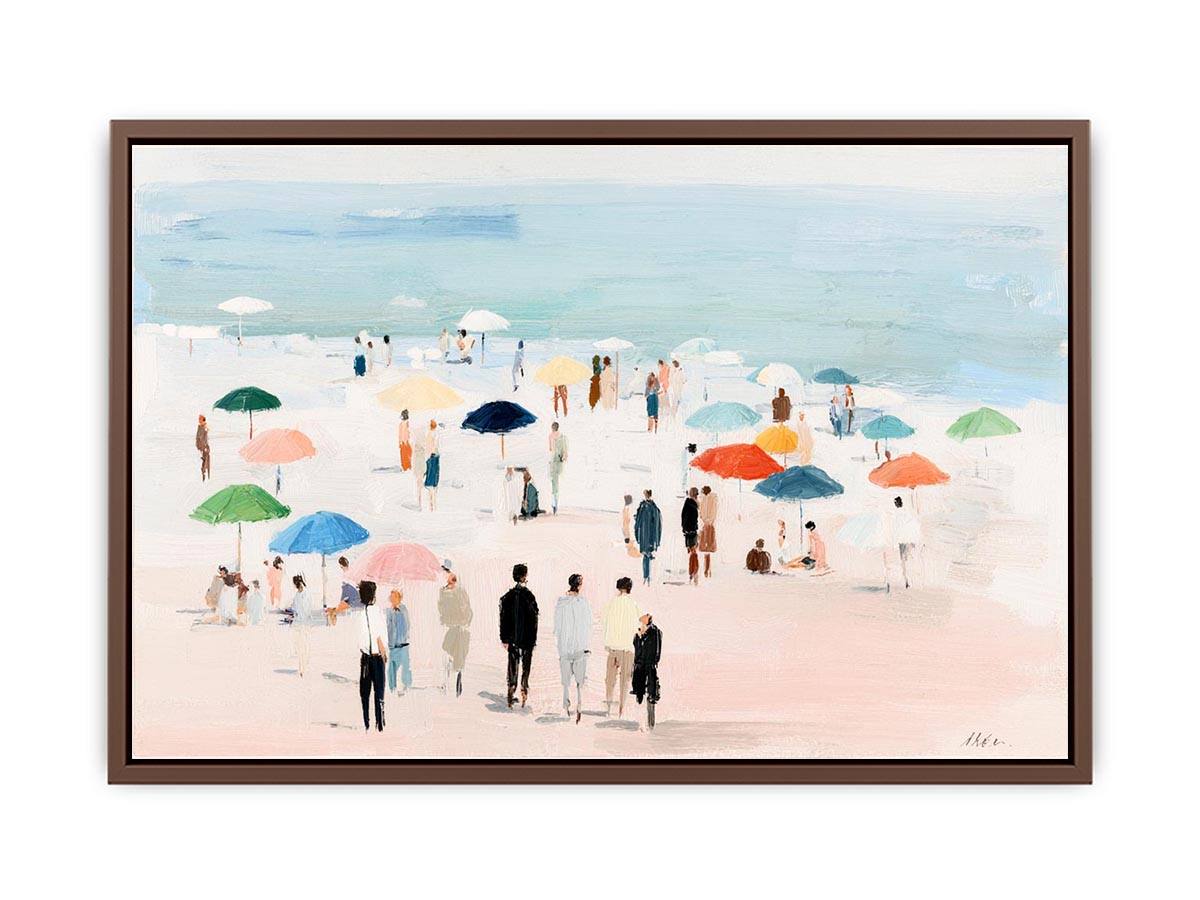 Impressionist beach scene with colorful umbrellas, people strolling on pale sand and calm turquoise ocean for living room decor.