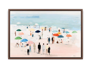 Impressionist beach scene with colorful umbrellas, people strolling on pale sand and calm turquoise ocean for living room decor.