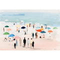 Impressionist beach scene with colorful umbrellas, people strolling on pale sand and calm turquoise ocean for living room decor.