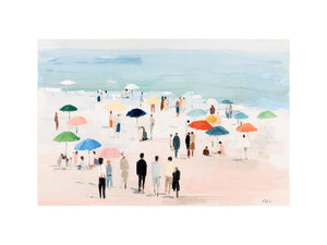 Impressionist beach scene with colorful umbrellas, people strolling on pale sand and calm turquoise ocean for living room decor.