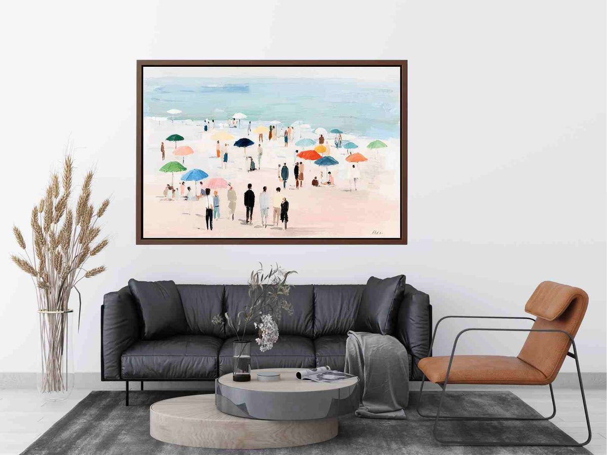 Impressionist beach scene with colorful umbrellas, people strolling on pale sand and calm turquoise ocean for living room decor.