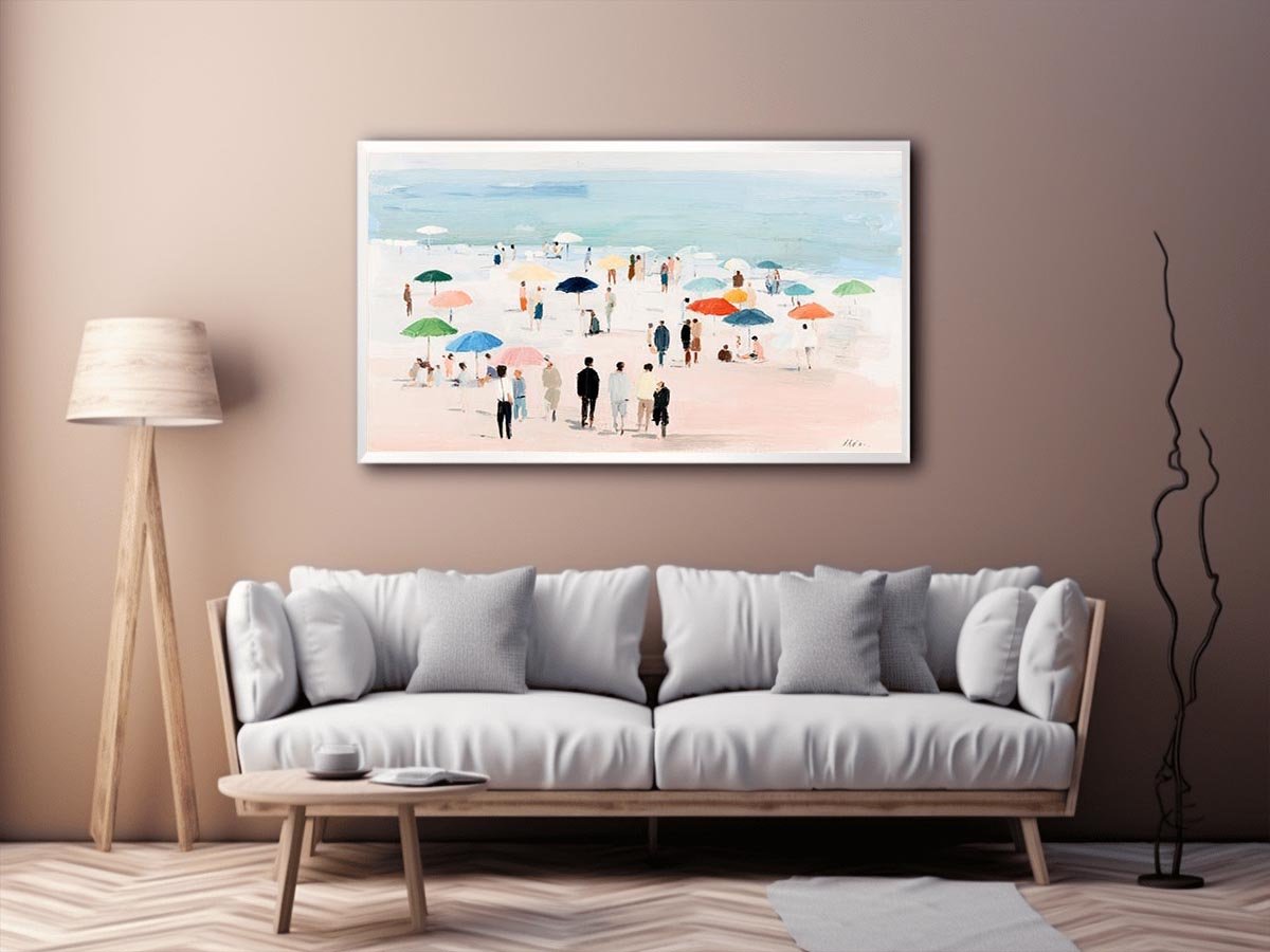 Impressionist beach scene with colorful umbrellas, people strolling on pale sand and calm turquoise ocean for living room decor.
