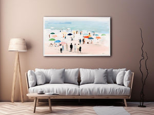 Impressionist beach scene with colorful umbrellas, people strolling on pale sand and calm turquoise ocean for living room decor.