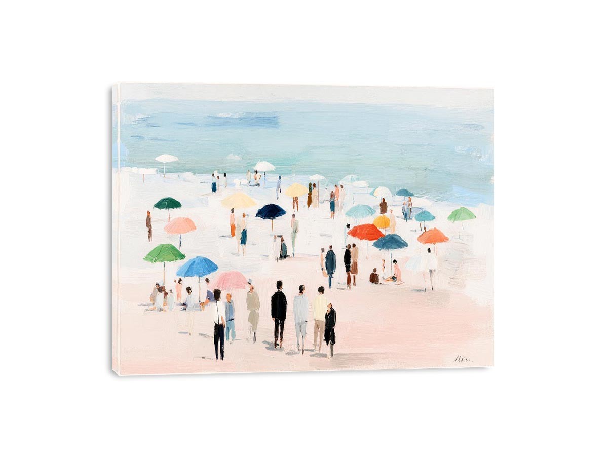 Impressionist beach scene with colorful umbrellas, people strolling on pale sand and calm turquoise ocean for living room decor.