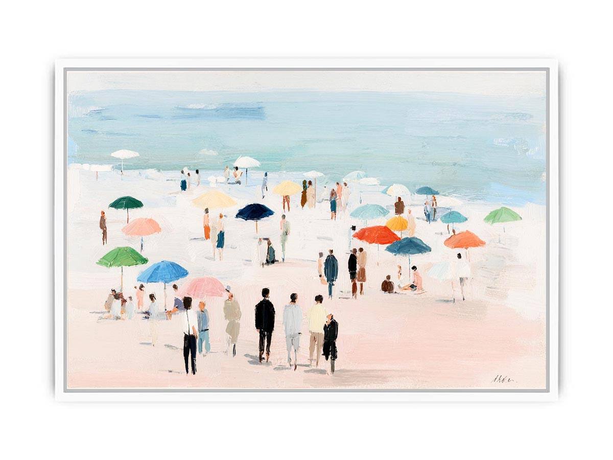 Impressionist beach scene with colorful umbrellas, people strolling on pale sand and calm turquoise ocean for living room decor.