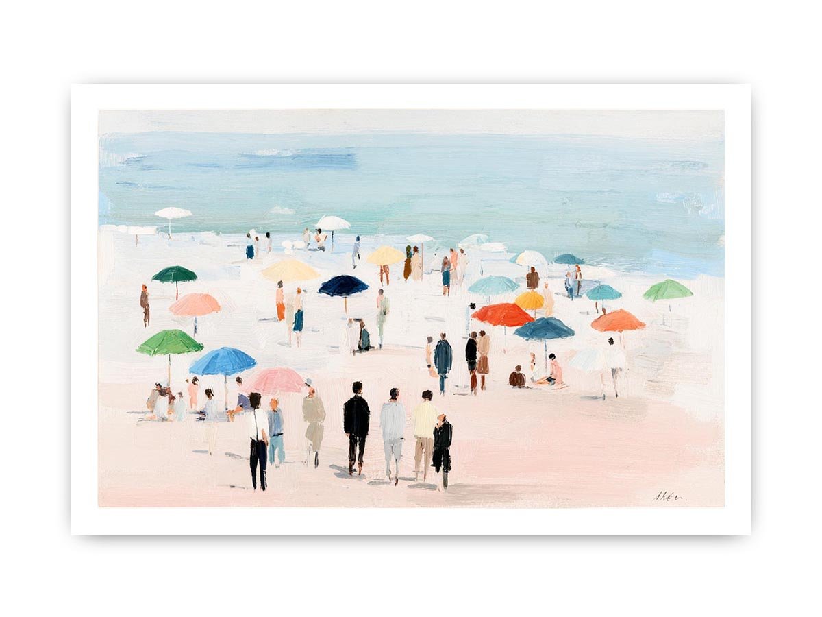 Impressionist beach scene with colorful umbrellas, people strolling on pale sand and calm turquoise ocean for living room decor.