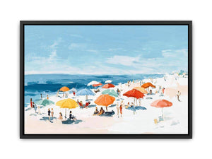 Impressionist beach painting with colorful orange and yellow umbrellas, sunbathers, white sand and blue ocean for coastal decor.
