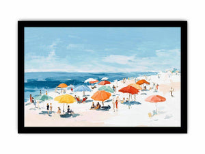 Impressionist beach painting with colorful orange and yellow umbrellas, sunbathers, white sand and blue ocean for coastal decor.