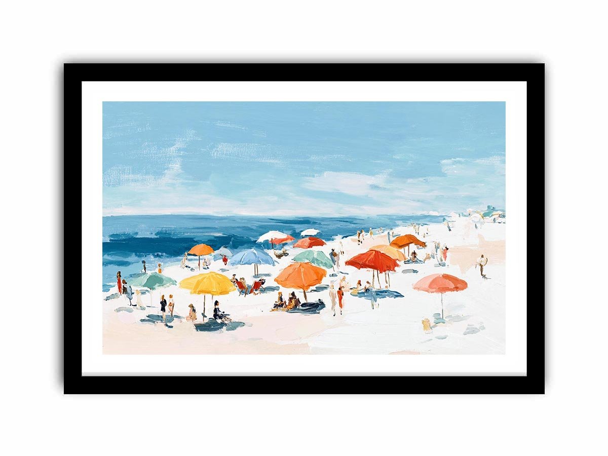 Impressionist beach painting with colorful orange and yellow umbrellas, sunbathers, white sand and blue ocean for coastal decor.