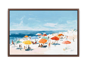 Impressionist beach painting with colorful orange and yellow umbrellas, sunbathers, white sand and blue ocean for coastal decor.