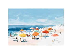 Impressionist beach painting with colorful orange and yellow umbrellas, sunbathers, white sand and blue ocean for coastal decor.
