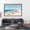 Impressionist beach painting with colorful orange and yellow umbrellas, sunbathers, white sand and blue ocean for coastal decor.