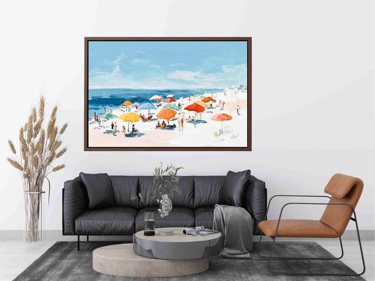 Impressionist beach painting with colorful orange and yellow umbrellas, sunbathers, white sand and blue ocean for coastal decor.