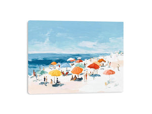 Impressionist beach painting with colorful orange and yellow umbrellas, sunbathers, white sand and blue ocean for coastal decor.