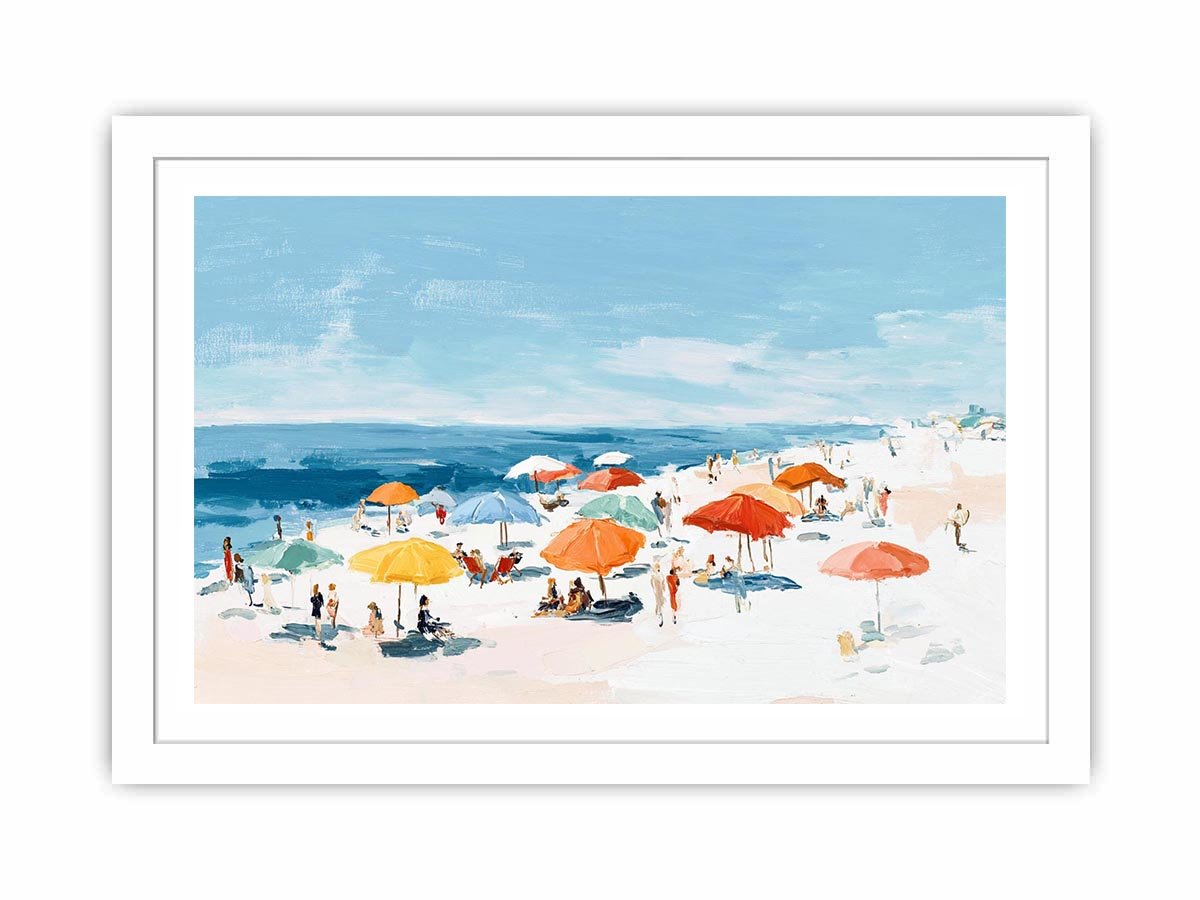 Impressionist beach painting with colorful orange and yellow umbrellas, sunbathers, white sand and blue ocean for coastal decor.