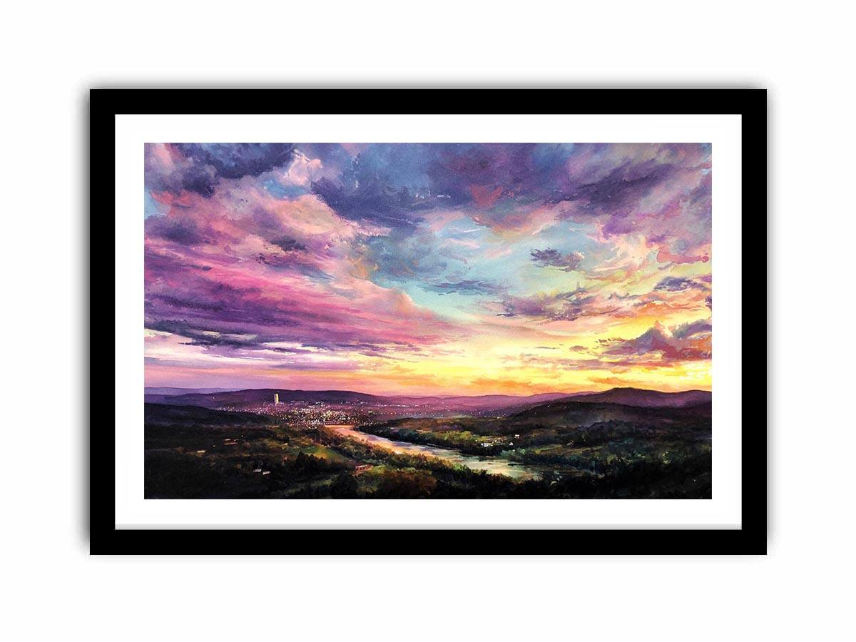 Colorful sunset landscape canvas art with river and city lights for modern living room decor.