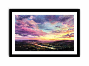 Colorful sunset landscape canvas art with river and city lights for modern living room decor.