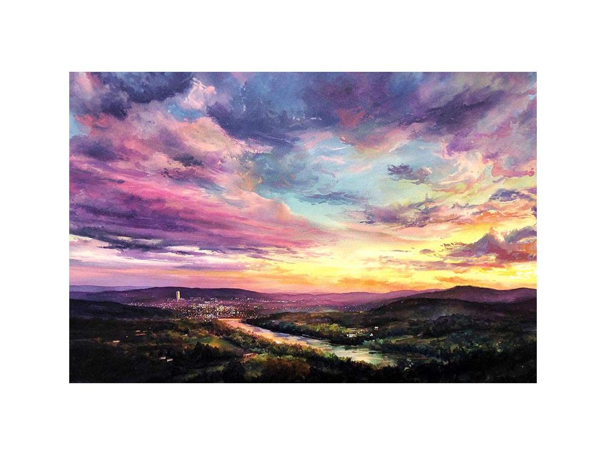 Colorful sunset landscape canvas art with river and city lights for modern living room decor.