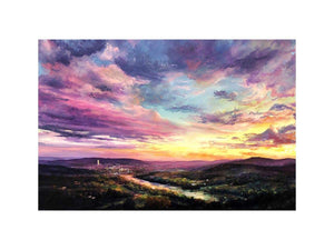 Colorful sunset landscape canvas art with river and city lights for modern living room decor.