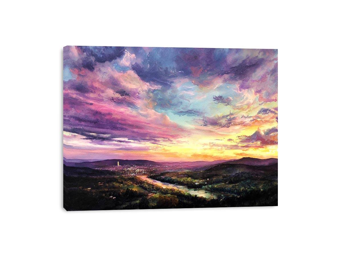 Colorful sunset landscape canvas art with river and city lights for modern living room decor.