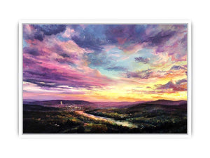 Colorful sunset landscape canvas art with river and city lights for modern living room decor.