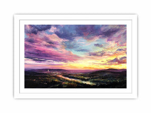 Colorful sunset landscape canvas art with river and city lights for modern living room decor.