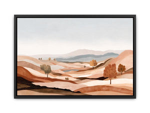 Earth tone desert landscape canvas art with hills and trees for calm modern living room decor.