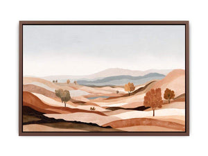 Earth tone desert landscape canvas art with hills and trees for calm modern living room decor.