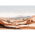 Earth tone desert landscape canvas art with hills and trees for calm modern living room decor.