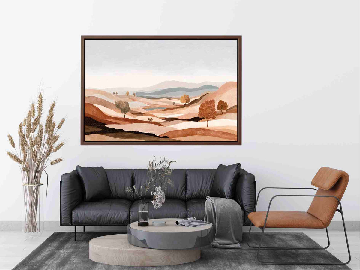 Earth tone desert landscape canvas art with hills and trees for calm modern living room decor.