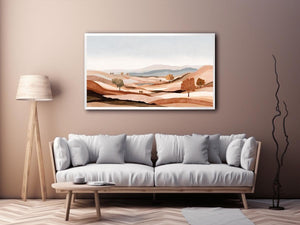 Earth tone desert landscape canvas art with hills and trees for calm modern living room decor.