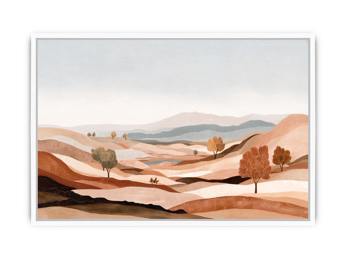 Earth tone desert landscape canvas art with hills and trees for calm modern living room decor.