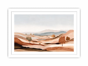 Earth tone desert landscape canvas art with hills and trees for calm modern living room decor.