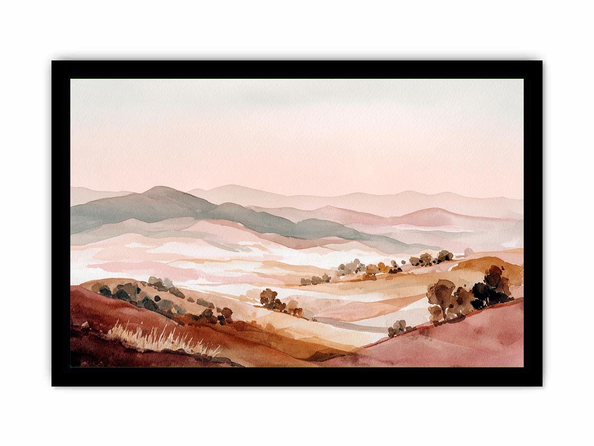 Soft watercolor valley landscape canvas art with hills and trees for peaceful bedroom decor.