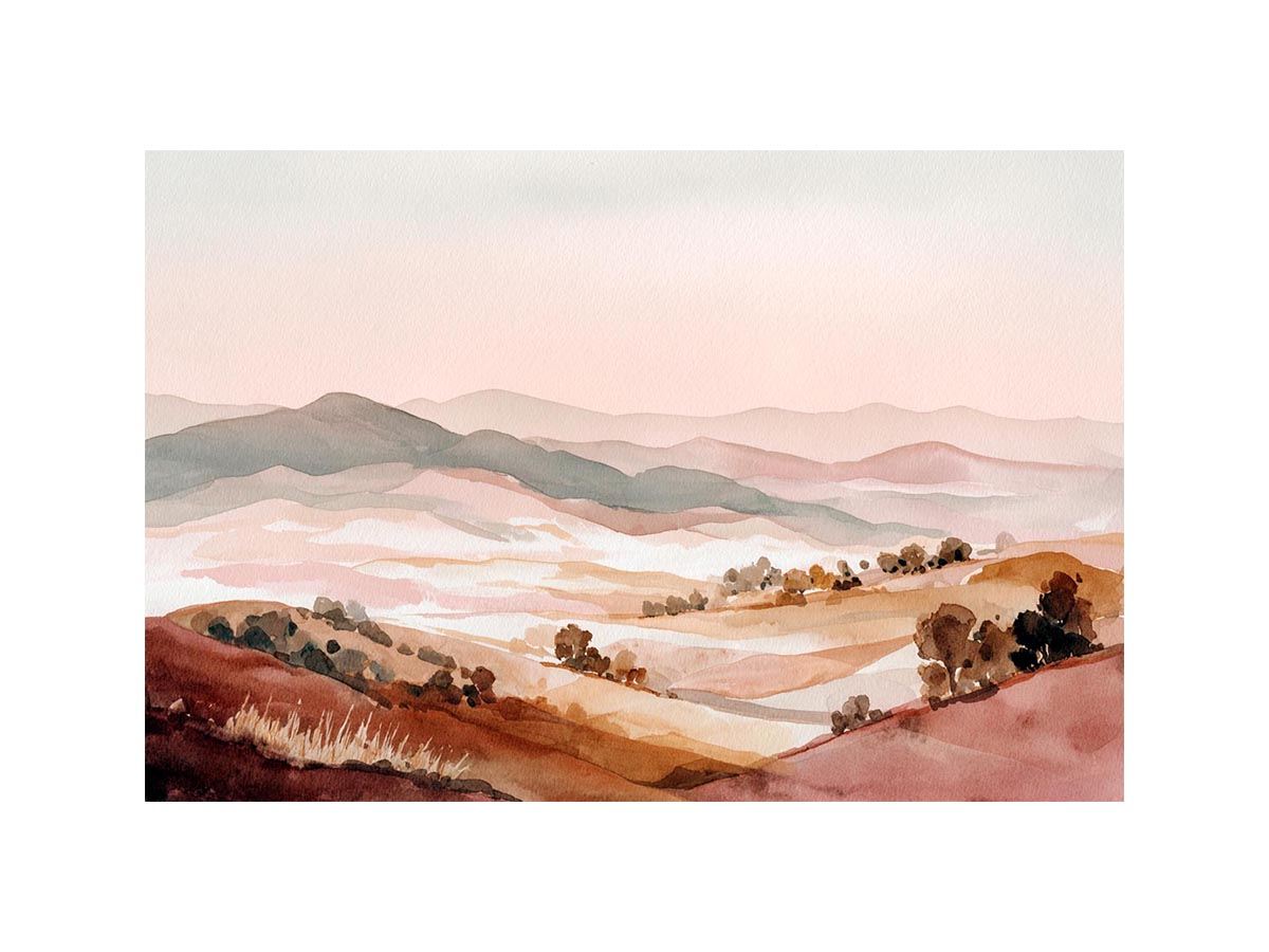 Soft watercolor valley landscape canvas art with hills and trees for peaceful bedroom decor.