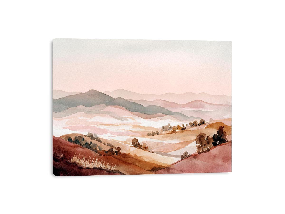 Soft watercolor valley landscape canvas art with hills and trees for peaceful bedroom decor.