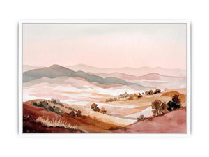 Soft watercolor valley landscape canvas art with hills and trees for peaceful bedroom decor.