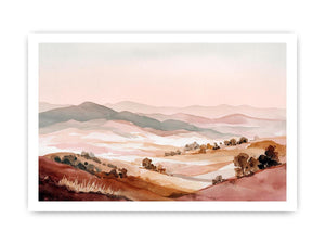 Soft watercolor valley landscape canvas art with hills and trees for peaceful bedroom decor.