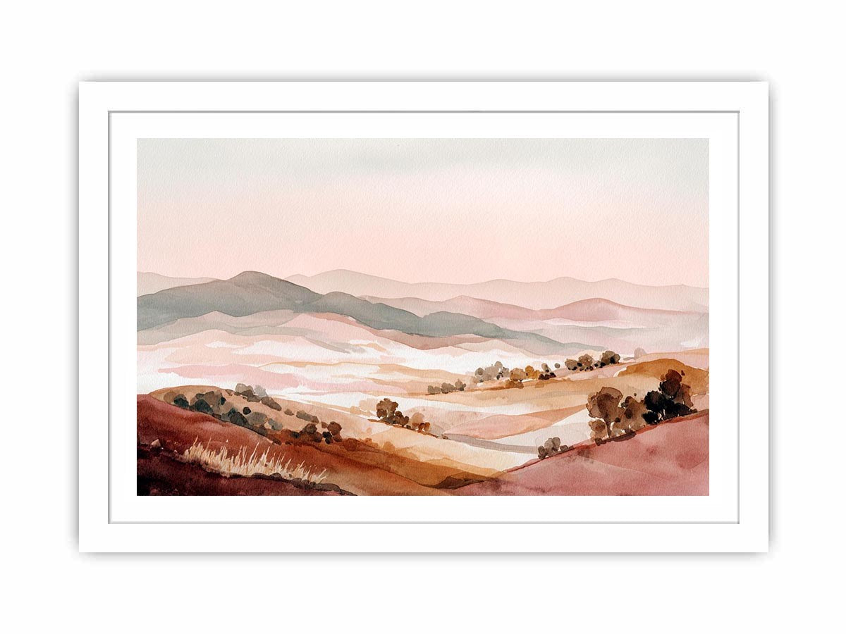 Soft watercolor valley landscape canvas art with hills and trees for peaceful bedroom decor.