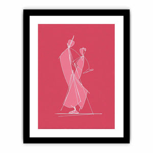 Modern white line art dancing couple on pink canvas for stylish bedroom or hallway decor.