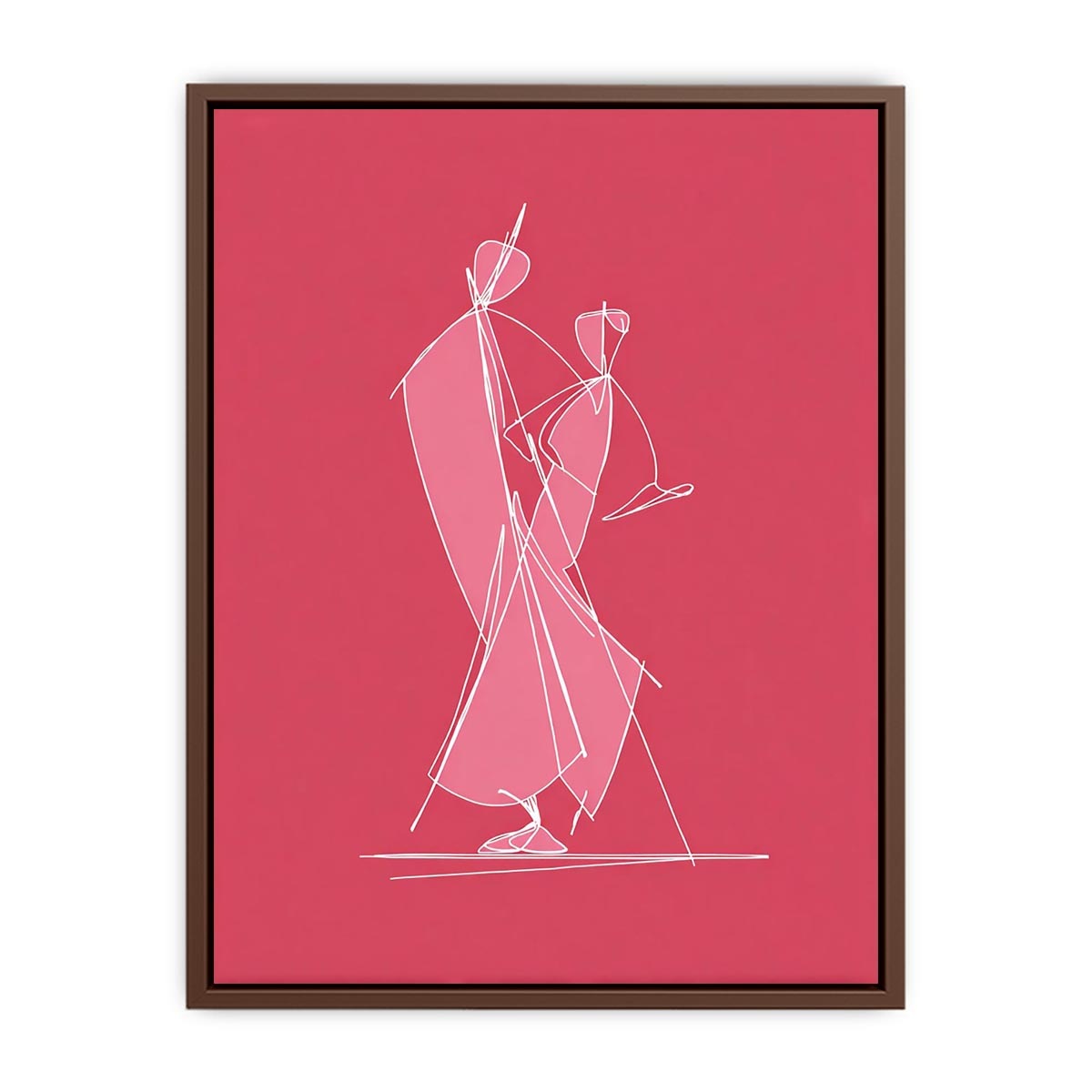 Modern white line art dancing couple on pink canvas for stylish bedroom or hallway decor.