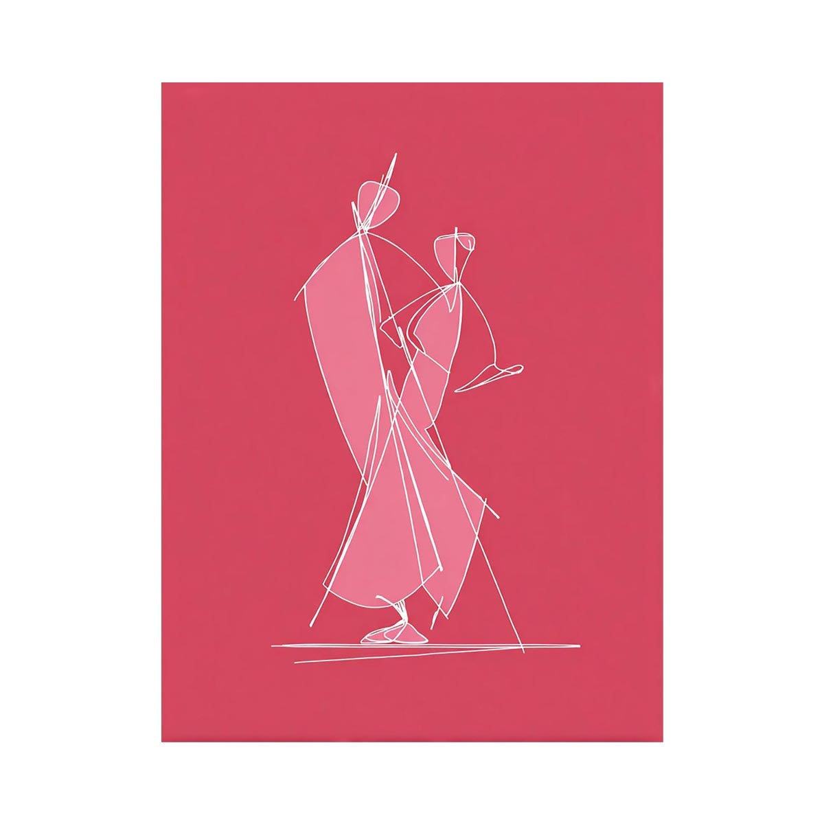 Modern white line art dancing couple on pink canvas for stylish bedroom or hallway decor.