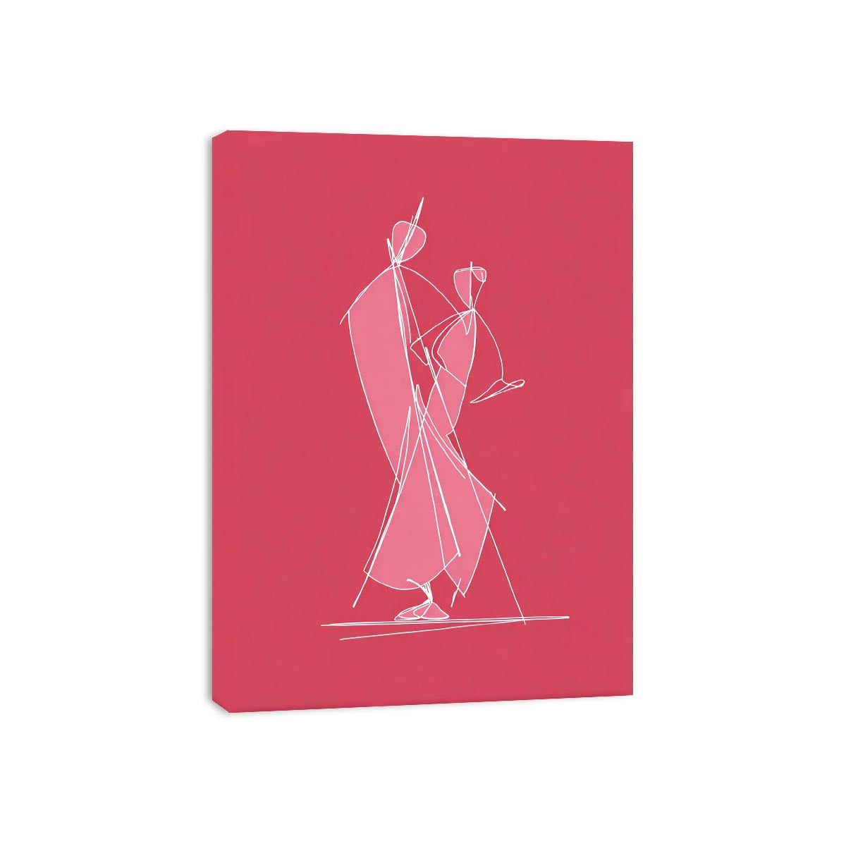 Modern white line art dancing couple on pink canvas for stylish bedroom or hallway decor.