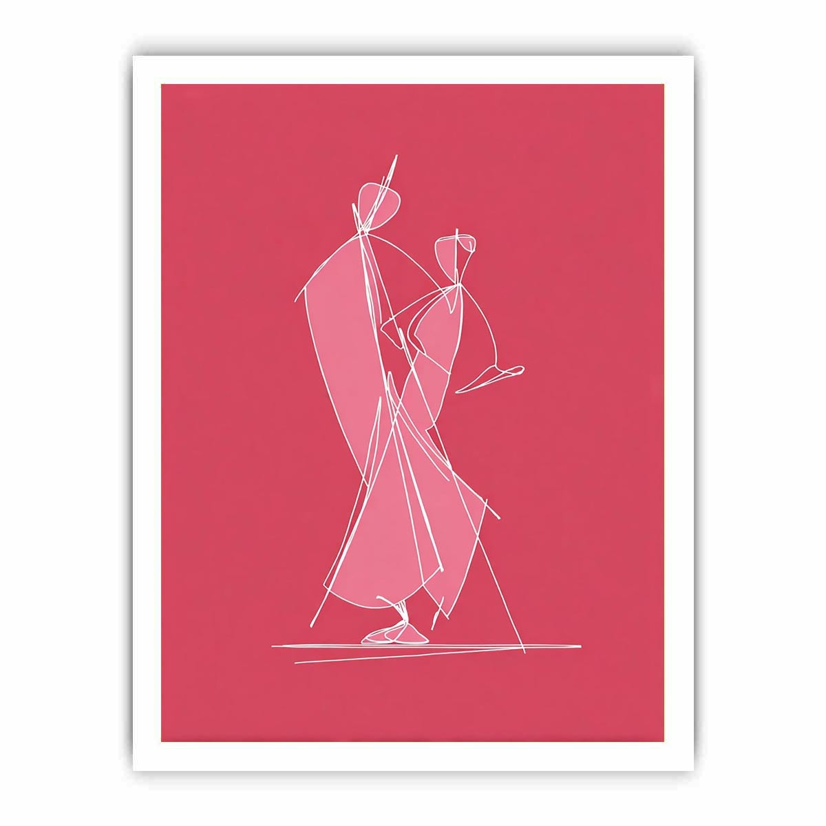 Modern white line art dancing couple on pink canvas for stylish bedroom or hallway decor.