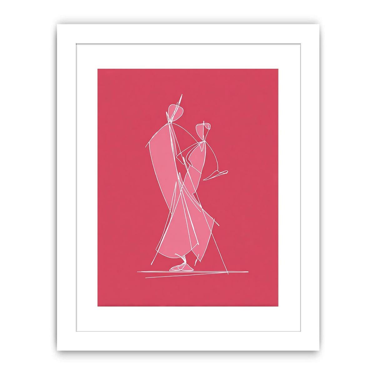 Modern white line art dancing couple on pink canvas for stylish bedroom or hallway decor.