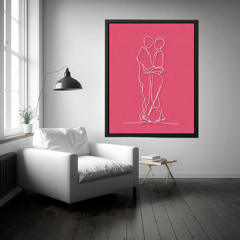 Romantic couple line art canvas with white drawing on pink background for modern bedroom decor.