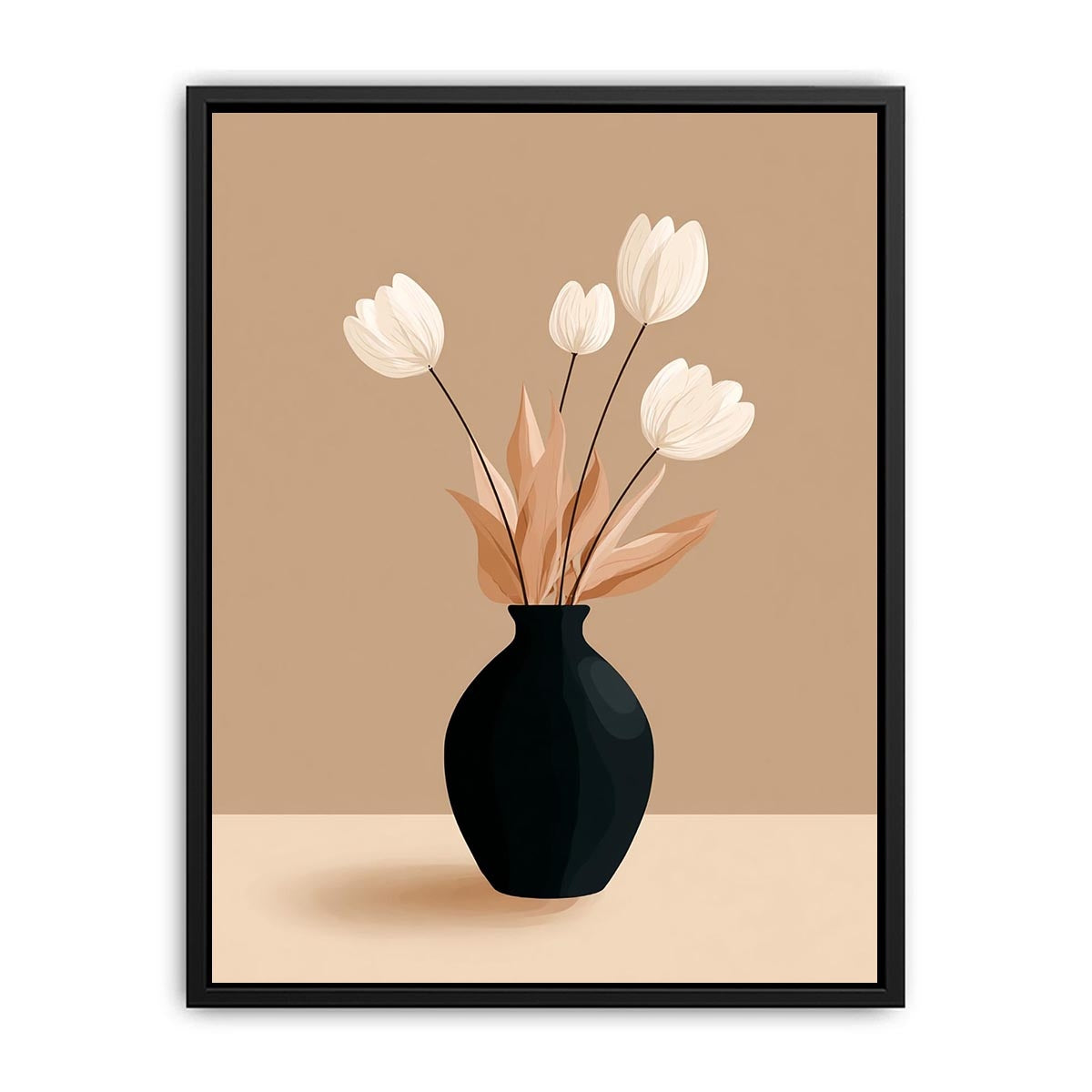 Minimalist black vase with white flowers canvas art for neutral modern bedroom decor.