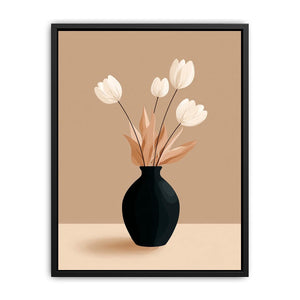 Minimalist black vase with white flowers canvas art for neutral modern bedroom decor.