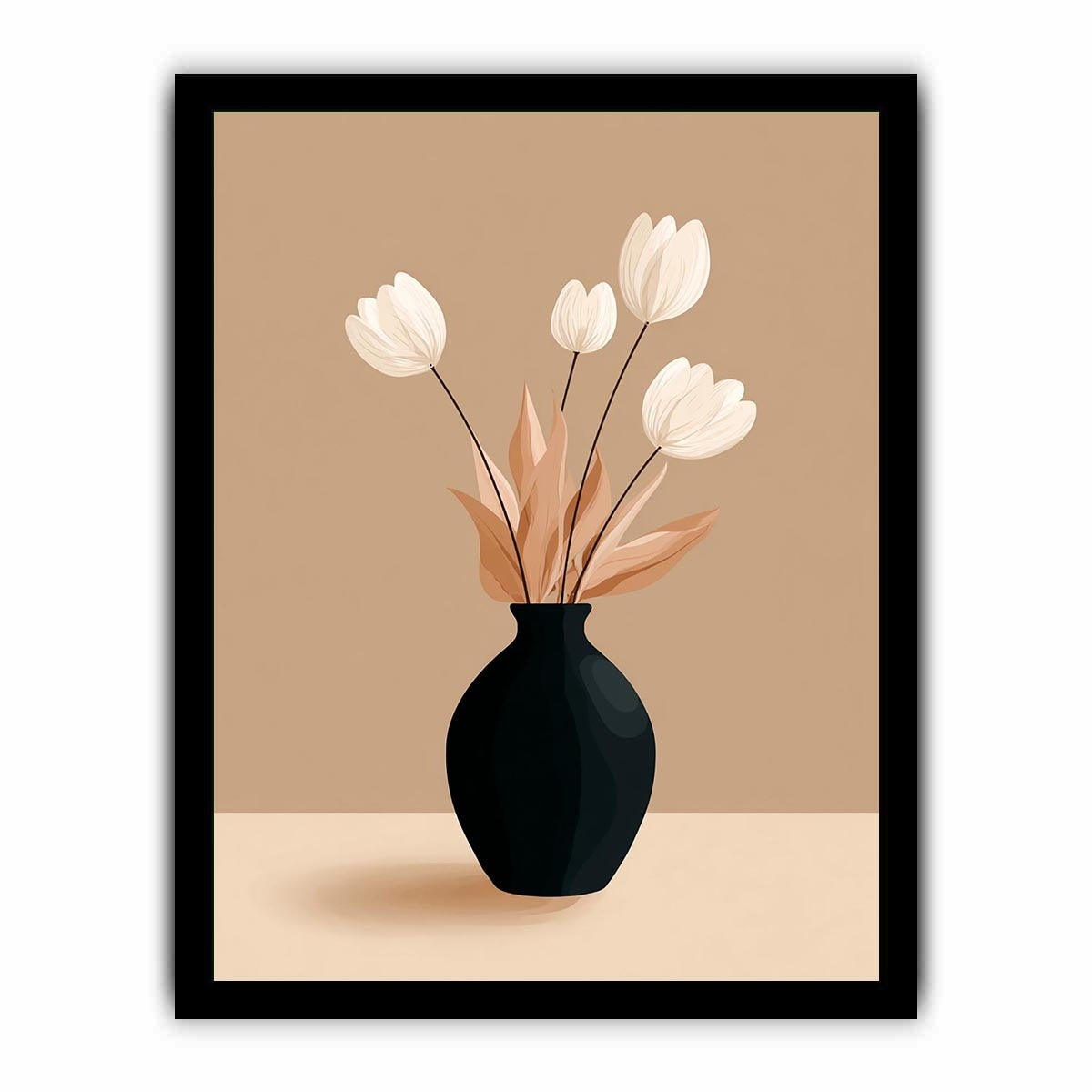 Minimalist black vase with white flowers canvas art for neutral modern bedroom decor.